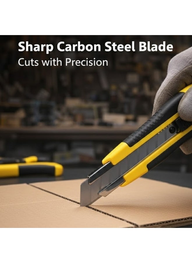 Lukadah 5-Piece Heavy Duty Utility Knife Set with Snap-Off Blades, 3 Box Cutters + 2 Spare Blade Cases, Sharp Retractable Box Cutters with Non-Slip Rubber Handle, Ergonomic Grip & Quick-Release Design, Multiple Sizes for Cutting Cardboard, Carpet & warehouse or packing area, Plastic, Home, DIY, office or craft setup, and Professional Use - Image 2